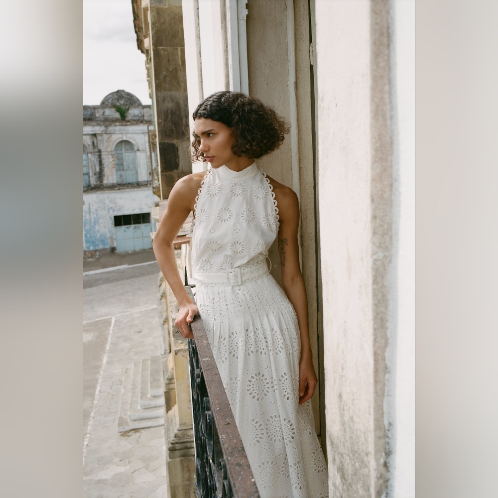 Zara White / Oyster High Neck Openwork Embroidery Midi Dress Size xl